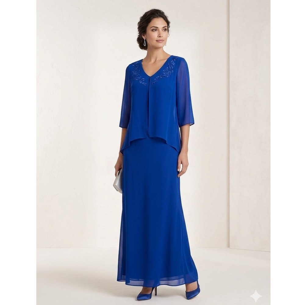 Patra Royal Blue Embroidered Beaded Layered Maxi Dress Mother of the Bride Sz 10